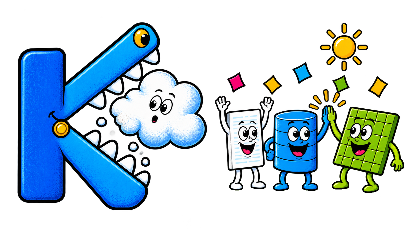 Eine blaue K-Figur hält eine Cloud draußen; Dokument, Datenbank und Tabelle feiern geschützte Daten.