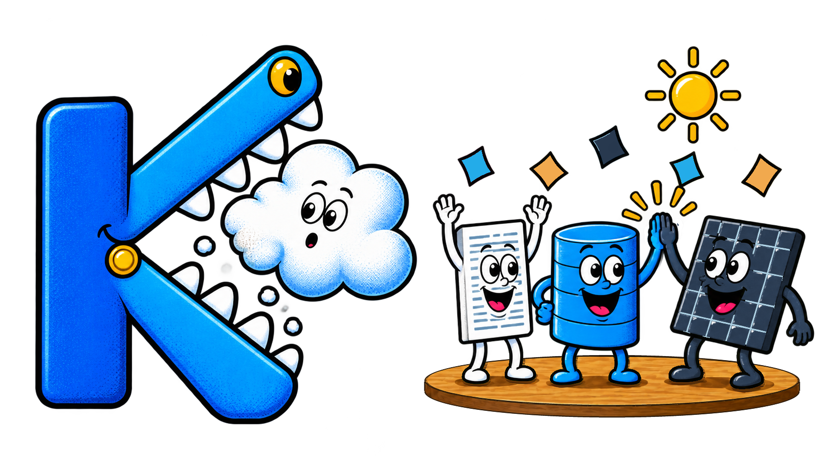Eine blaue K-Figur hält eine Cloud draußen; Dokument, Datenbank und Tabelle feiern geschützte Daten.