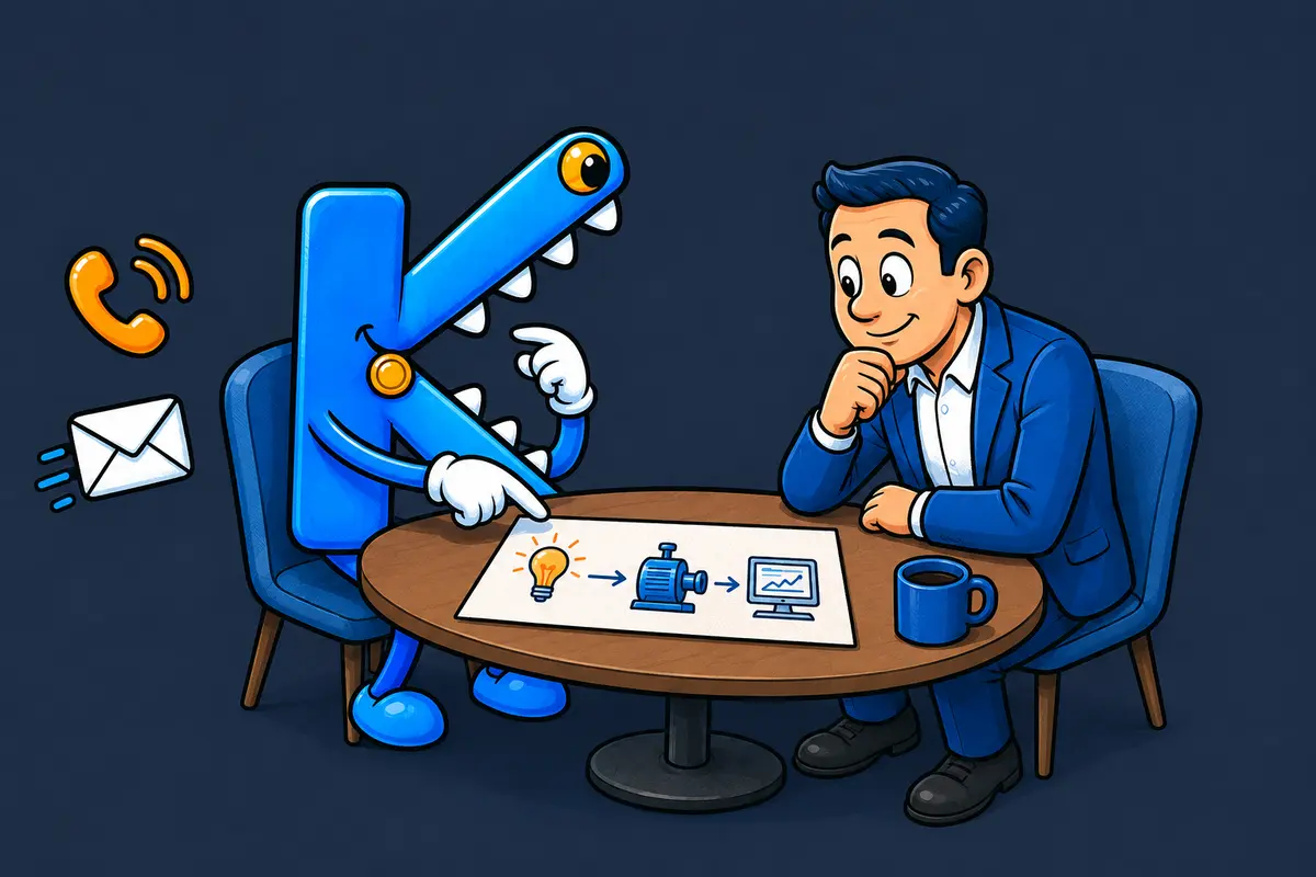 Die blaue K-Figur bespricht an einem Tisch mit einem Ansprechpartner dessen konkrete Idee und die beteiligte Maschine und Datenauswertung.