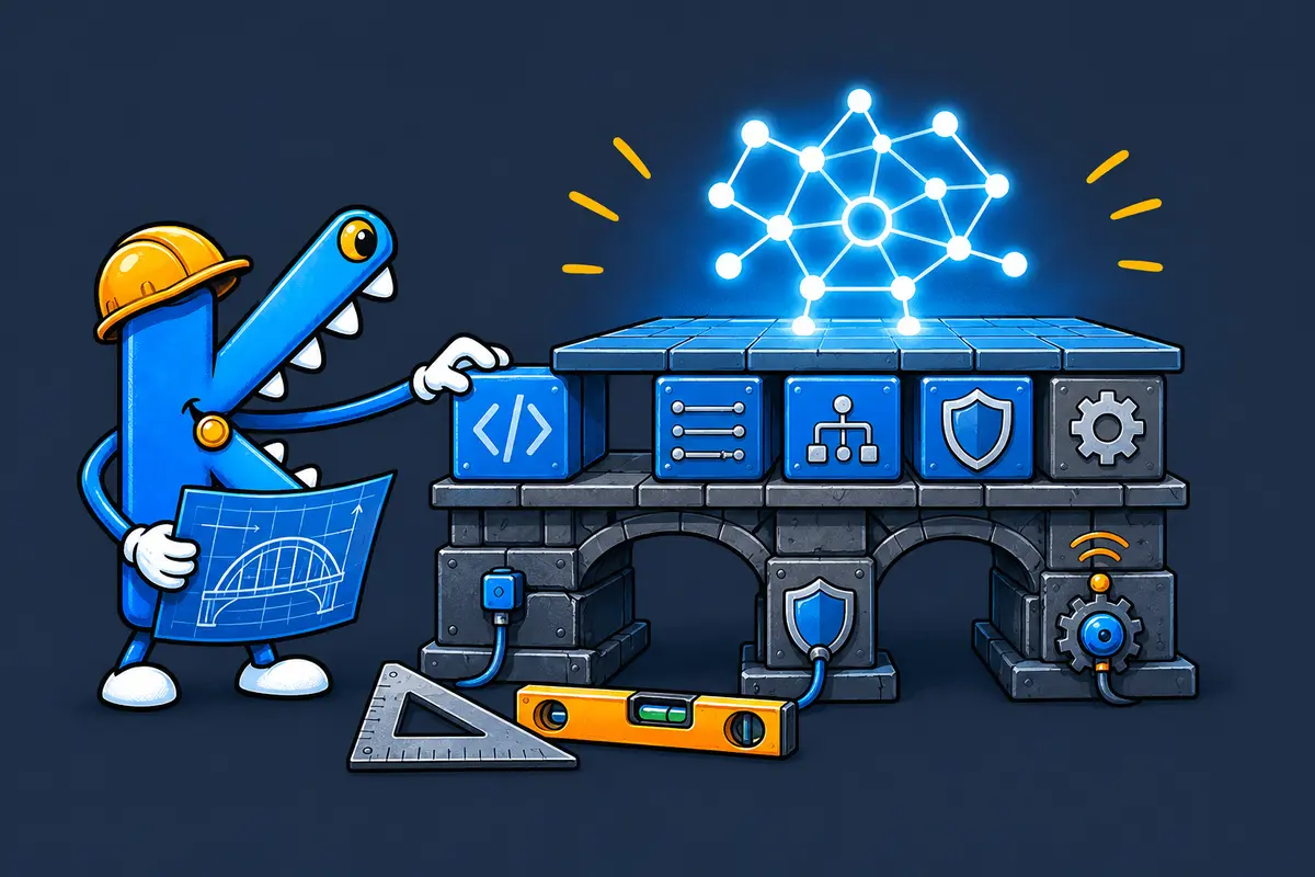 Die blaue K-Figur errichtet nach technischem Plan eine stabile Brücke aus Software, Integration, Sicherheit und Industrie, die eine KI-Anwendung trägt.