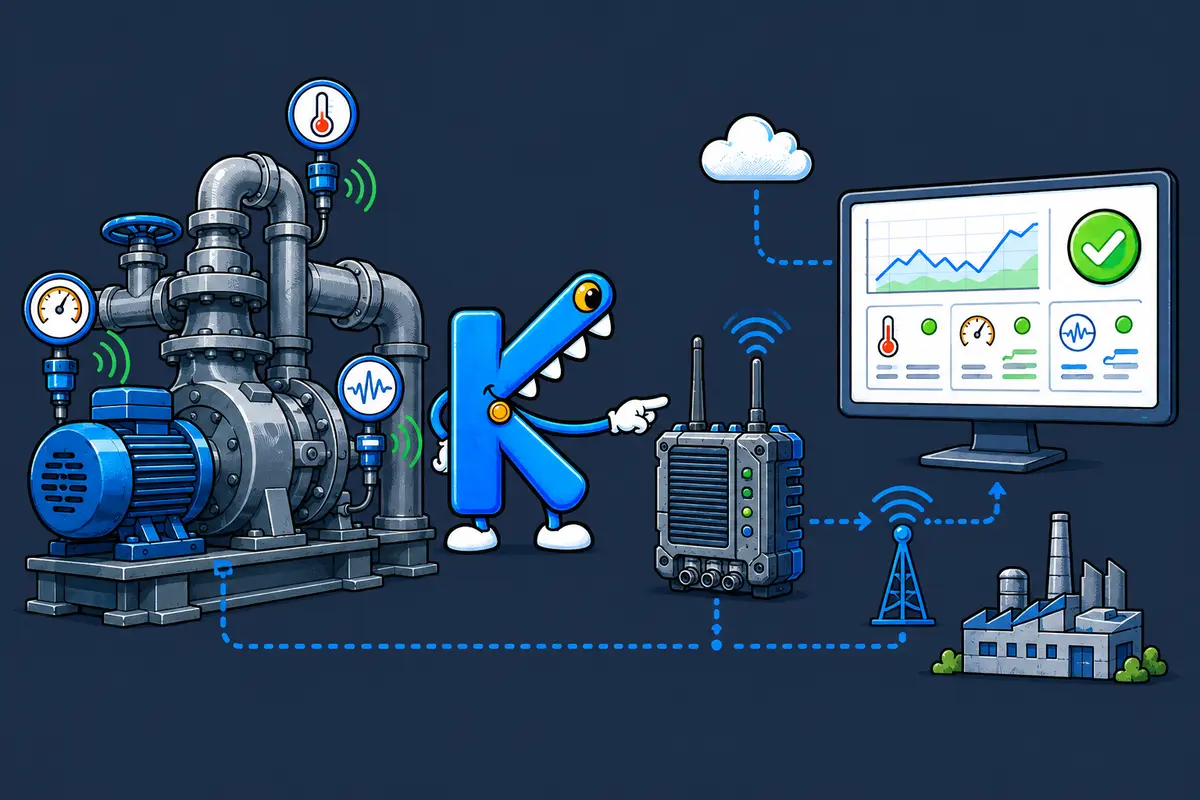 Die blaue K-Figur verbindet Sensoren einer Industrieanlage über ein Edge-Gateway mit einer überwachten Datenauswertung.