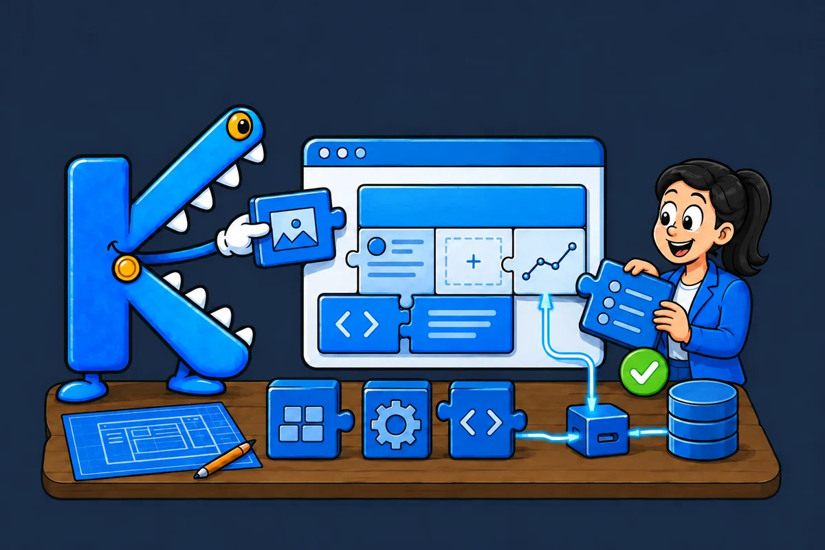 Die blaue K-Figur und eine Entwicklerin bauen eine individuelle Anwendung aus passenden Softwaremodulen, Schnittstellen und Datenbankbausteinen zusammen.